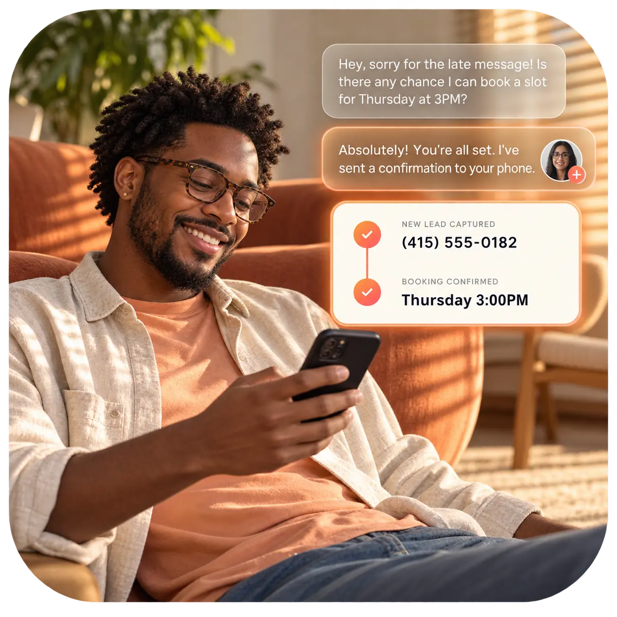 A customer texts late at night to book Thursday at 3 PM. The AI receptionist confirms the booking and logs a new lead with his phone number.
