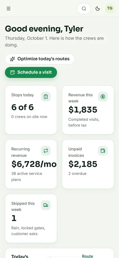 The same dashboard on a phone, with Optimize today's routes and Schedule a visit.