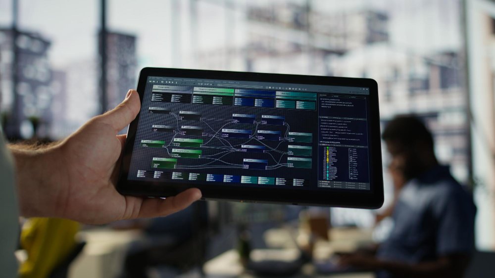 Tablet screen showing automating business processes at backend.